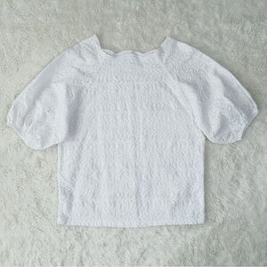 Women White Cotton Eyelet Puff Sleeve Boat Neck Blouse Top Cottagecore Feminine